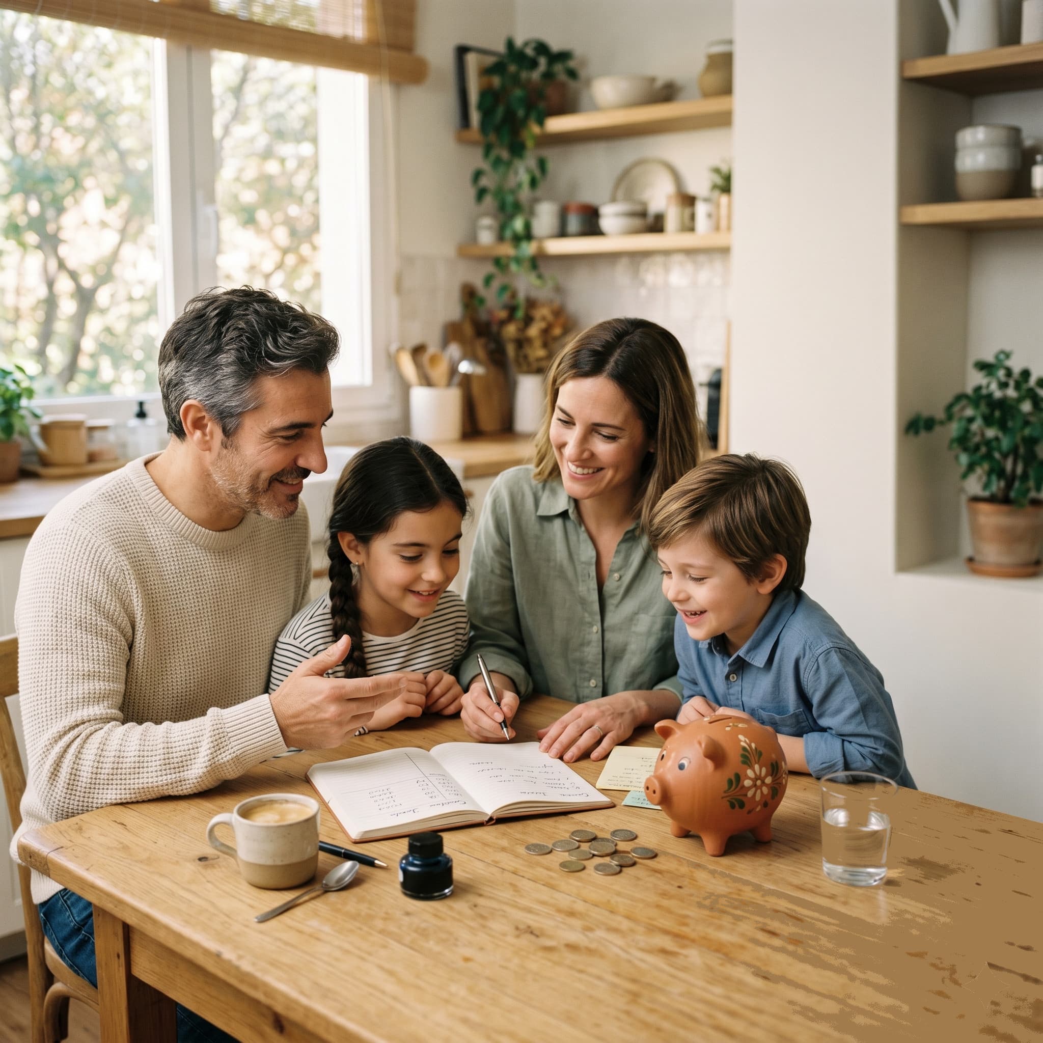 Familia aprendiendo finanzas en casa